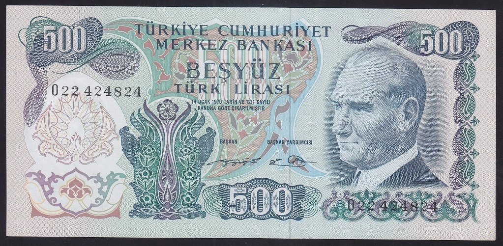 6.EMİSYON 2.TERTİP 500 LİRA O22 424824 ÇİLALTI eski para mezat