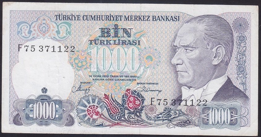 7.EMİSYON 2.TERTİP 1000 LİRA F75 371122 ÇOK TEMİZ