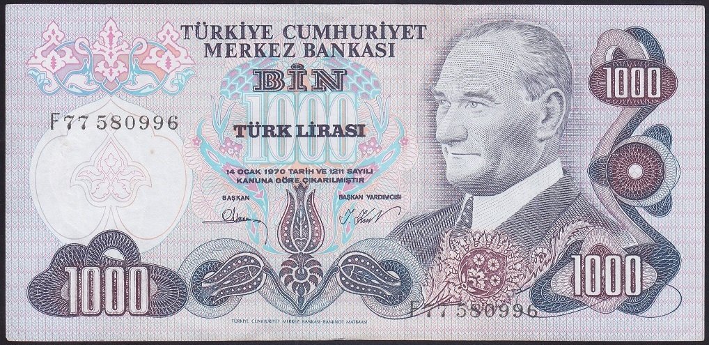 6.EMİSYON 3.TERTİP 1000 LİRA F77 580996 ÇÇT +