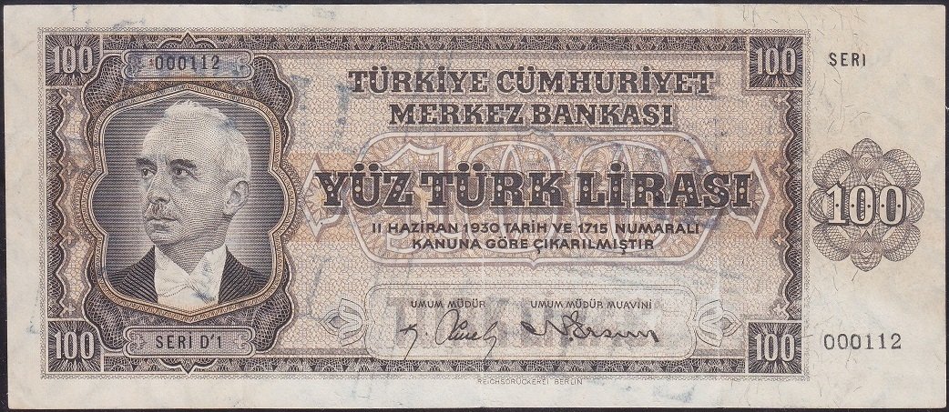 3.Emisyon 100 Lira D1 000112 Ççt + (Erör ve ilk bin parası iptal kaşeli)