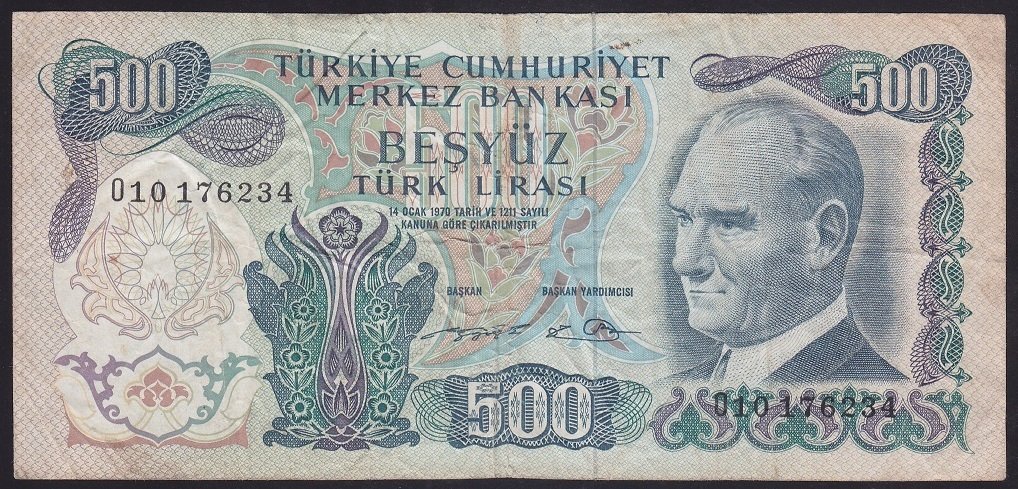 6.EMİSYON 2.TERTİP 500 LİRA O10 176234 ÇOK TEMİZ