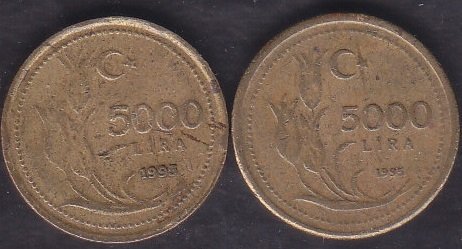 1995 Yılı 5000 Lira Büyük ve Küçük Rakam Takım Çok Temiz