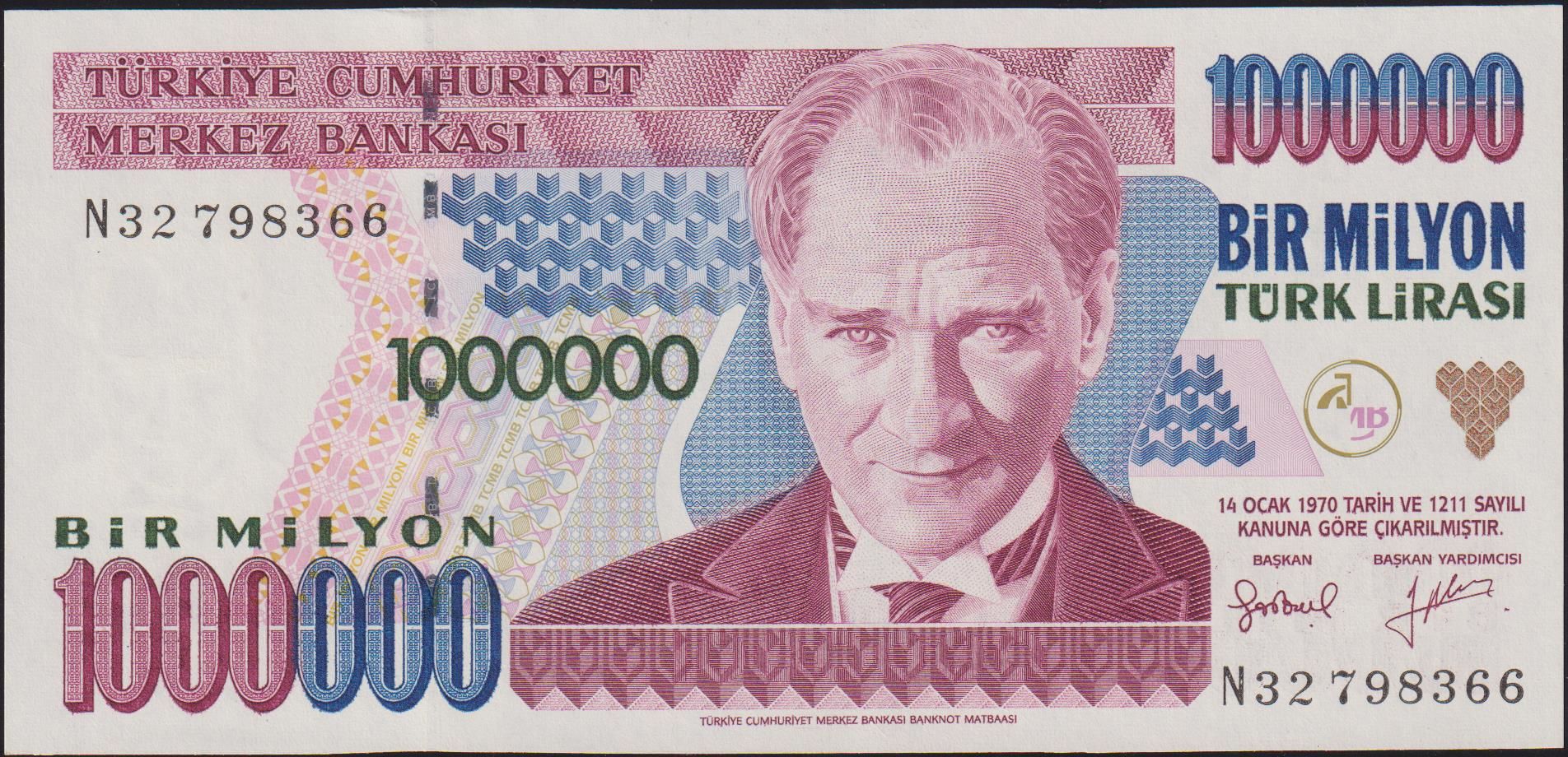 7.Emisyon 2.Tertip 1 000 000 Lira N32 798366 Çilaltı Çil