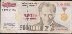 7.Emisyon 5 000 000 Lira B49 547566 Çok Temiz