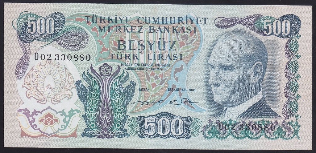 6.EMİSYON 2.TERTİP 500 LİRA O02 330880 ÇÇT eski kağıt para değerleri