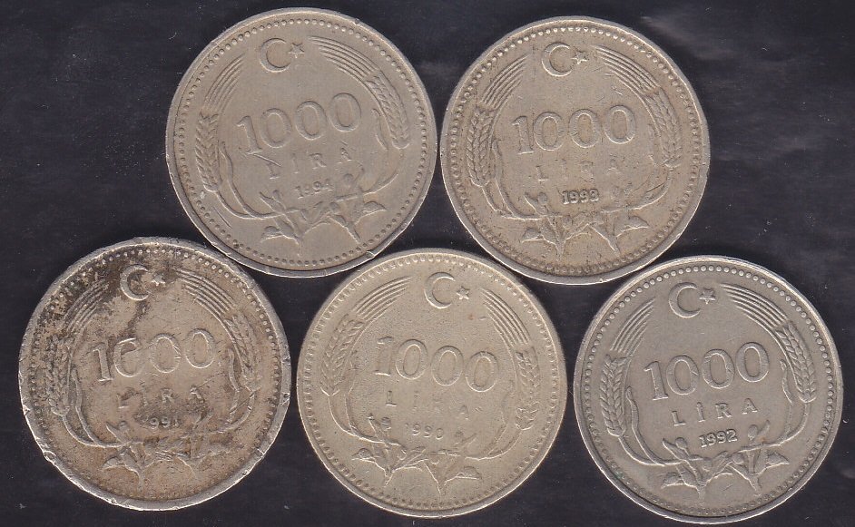 1990 - 1991 - 1992 -1993 - 1994 Yılı 1000 Lira Takım Temiz