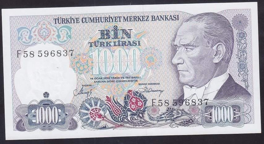 7.EMİSYON 2.TERTİP 1000 LİRA F58 596837 ÇİL