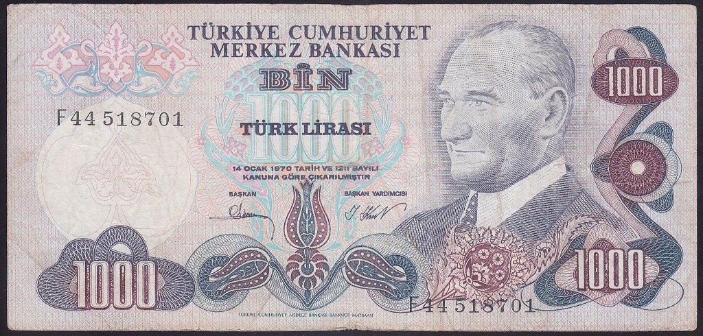 6.EMİSYON 3.TERTİP 1000 LİRA F44 518701 ÇOK TEMİZ (DÜZLENMİŞ)