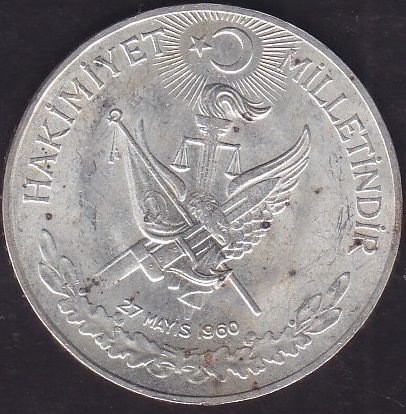 1960 Yılı 10 Lira Çilaltı Çil - Hakimiyet Milletindir İhtilal Gümüş (15 Gram)