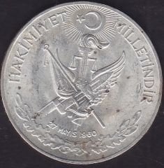 1960 Yılı 10 Lira Çilaltı Çil - Hakimiyet Milletindir İhtilal Gümüş (15 Gram)