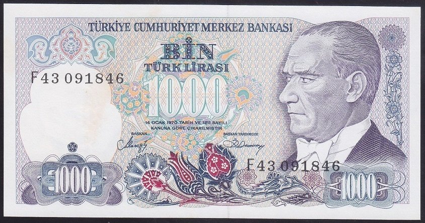 7.EMİSYON 2.TERTİP 1000 LİRA F43 091846 ÇİLALTI (KAT YOK ÖNYÜZDE SARARTI VAR)