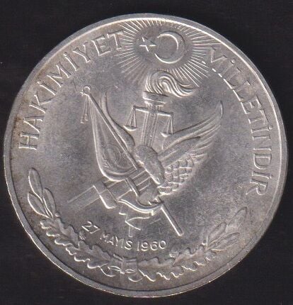 1960 Yılı 10 Lira - Hakimiyet Milletindir İhtilal Gümüş (15 Gram)