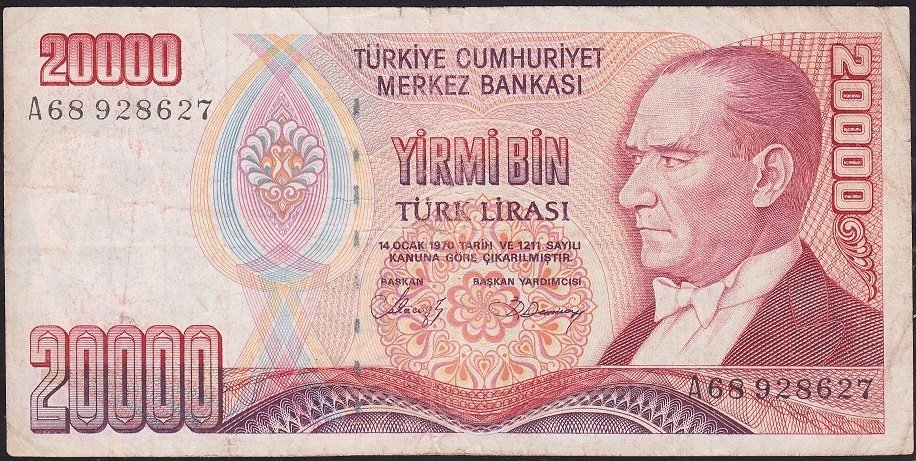 7.Emisyon 1.Tertip 20000 Lira A68 928627 Çok Temiz