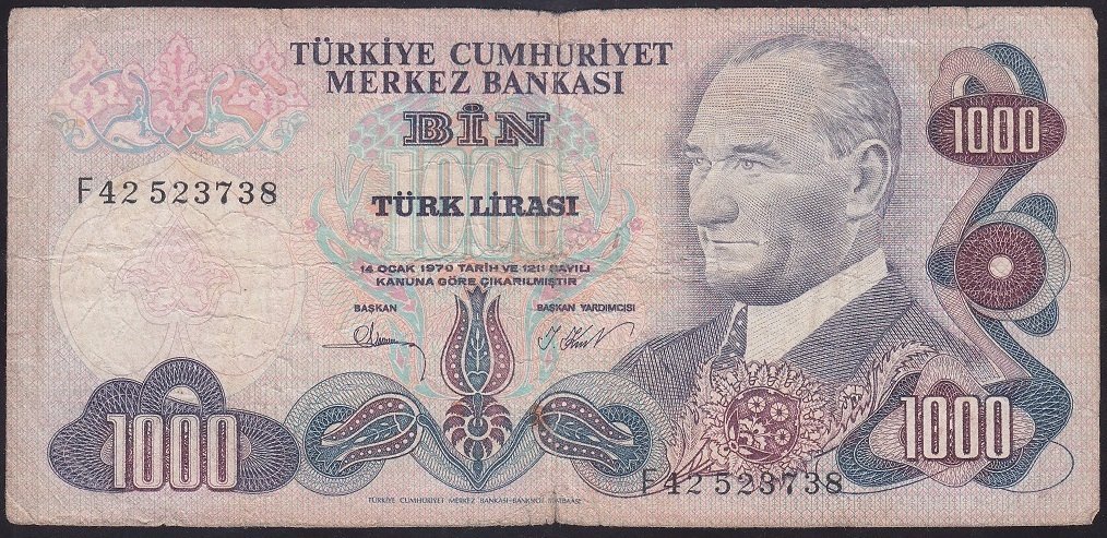 6.EMİSYON 3.TERTİP 1000 LİRA F42 523738 TEMİZ