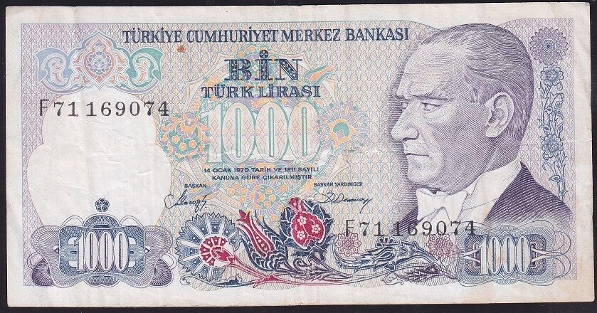 7.Emisyon 2.Tertip 1000 Lira F71 169074 Çok Temiz+