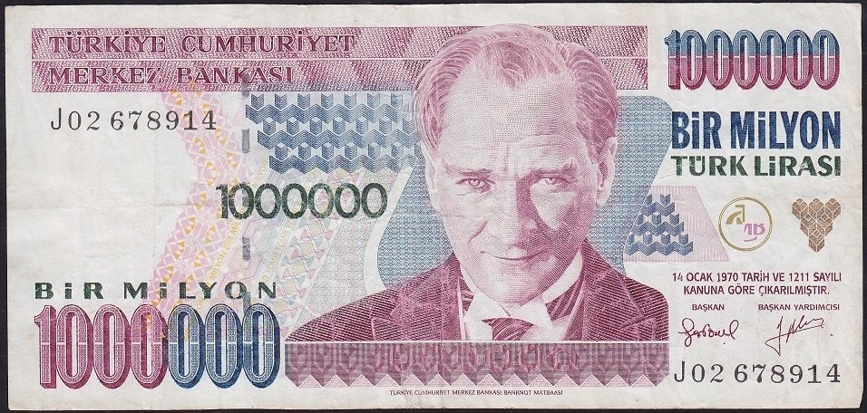 7.Emisyon 2.Tertip 1 000 000 Lira J02 678914 Çok Temiz