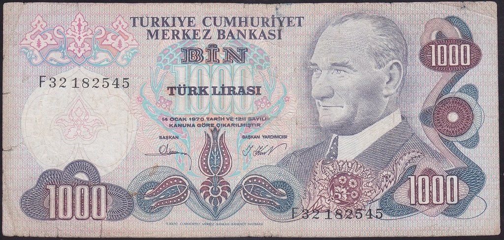 6.EMİSYON 3.TERTİP 1000 LİRA F32 182545 TEMİZ