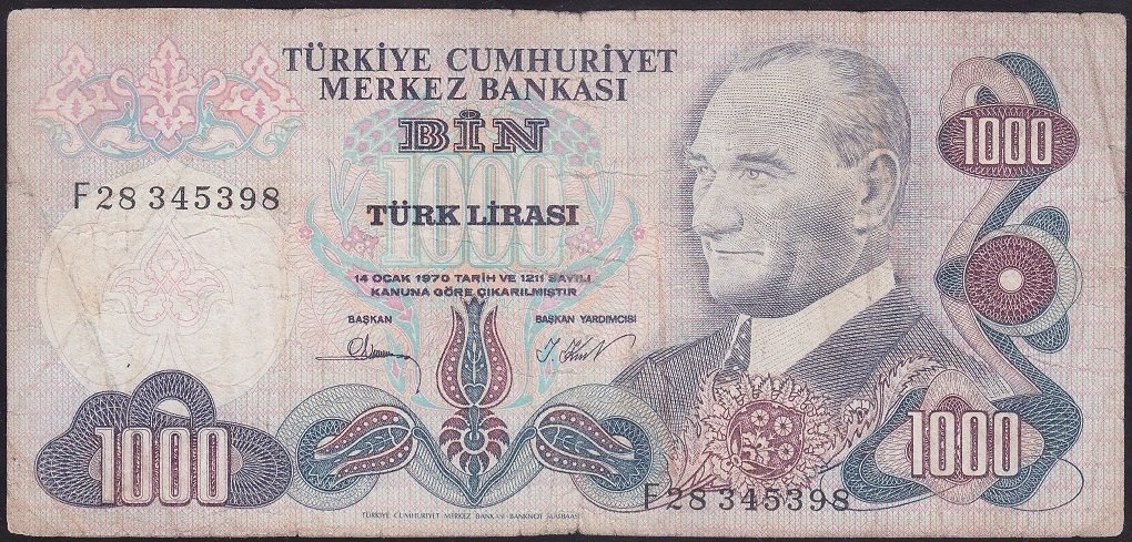 6.EMİSYON 3.TERTİP 1000 LİRA F28 345398 TEMİZ