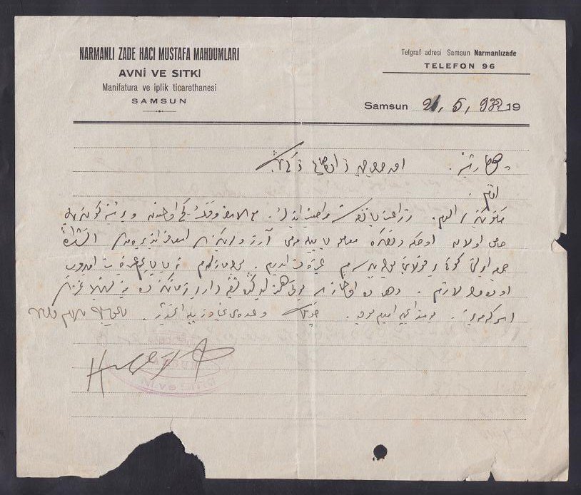 NARMANLI ZADE HACI MUSTAFA MAHDUMLARI SAMSUN ANTETLİ OSMANLICA YAZI 1932 FİLİGRANLI KAĞIT