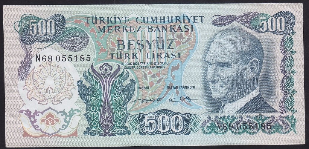 6.EMİSYON 2.TERTİP 500 LİRA N69 055185 ÇÇT eski para alan yerler