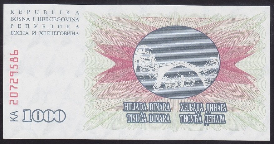 Bosna Hersek 1000 Dinar 1992 ÇİL Pick 15
