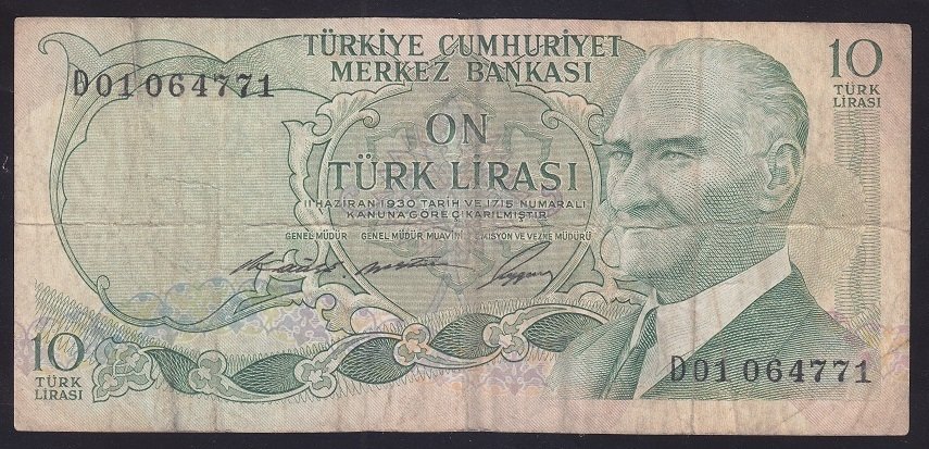 6.EMİSYON 1.TERTİP 10 LİRA D01 064771 TEMİZ