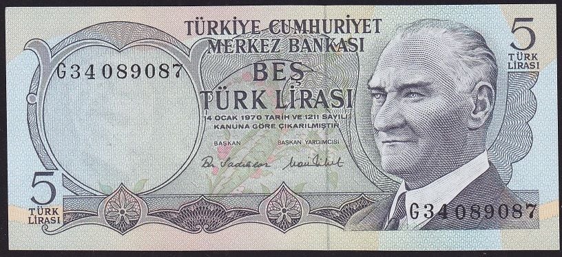 6.Emisyon 2.Tertip 5 Lira G34 089087 Çil