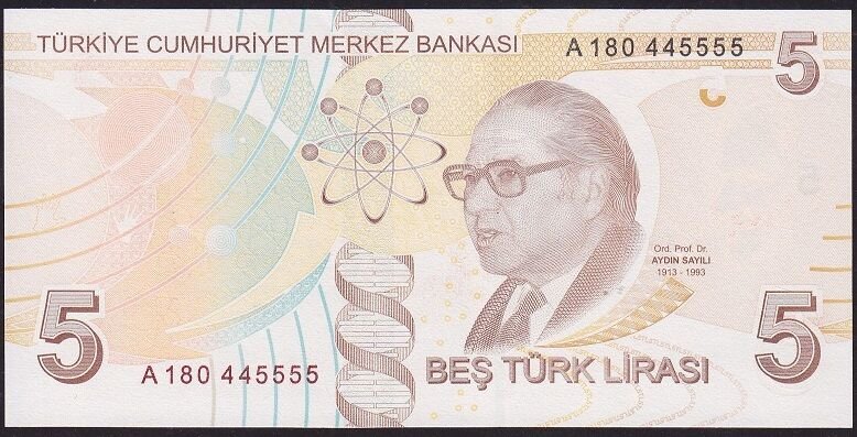 9.Emisyon 1.Tertip 5 Lira A180 445555 Çil
