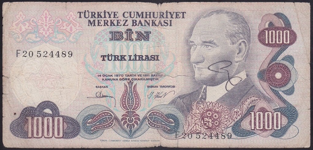 6.EMİSYON 3.TERTİP 1000 LİRA F20 524489 TEMİZ
