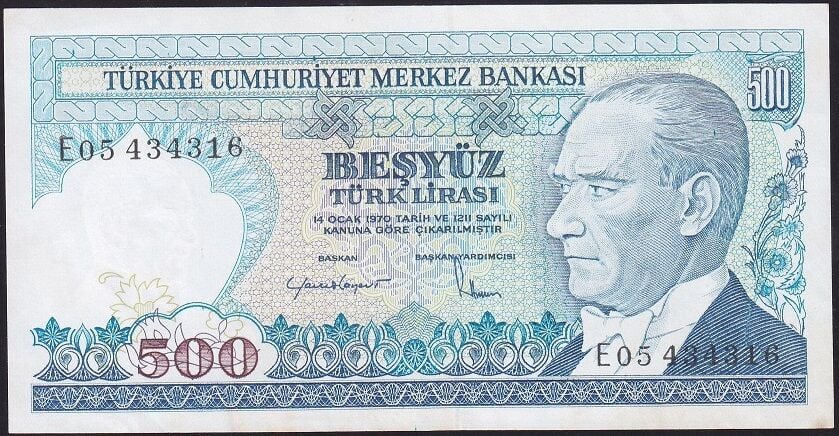 7.Emisyon 2.Tertip 500 Lira E05 434316 Çilaltı ( Kat yok leke var )