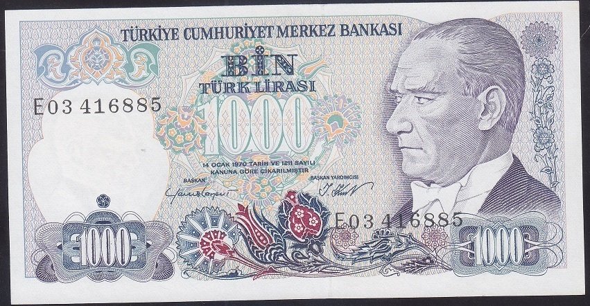7.EMİSYON 1.TERTİP 1000 LİRA E03 416885 ÇİL