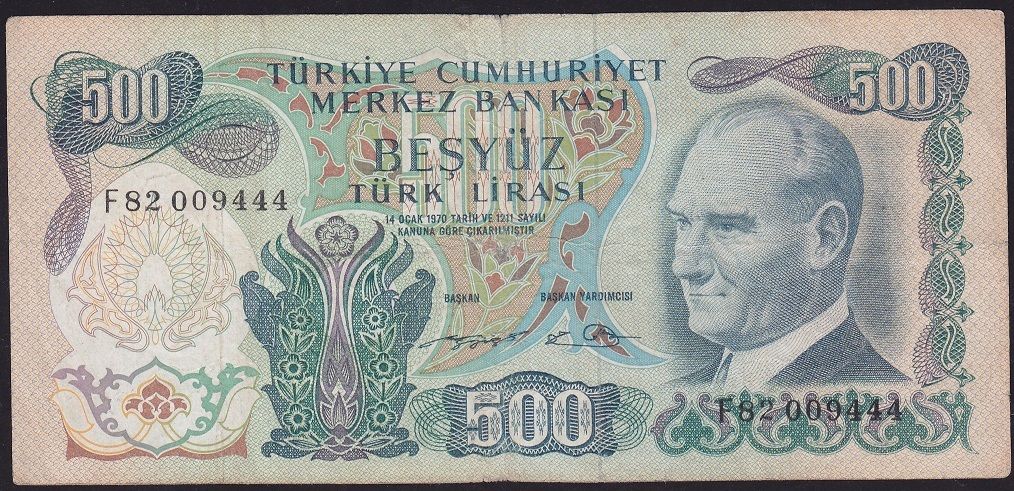 6.Emisyon 2.Tertip 500 Lira F82 009444 Çok Temiz