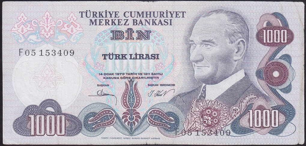 6.EMİSYON 3.TERTİP 1000 LİRA F05 153409 ÇOK TEMİZ ( DÜZLENMİŞ )