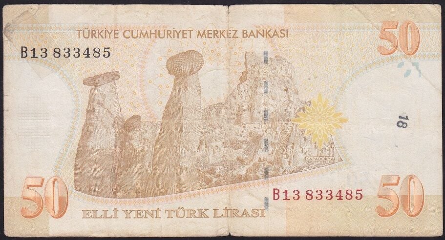 8.Emisyon 50 YTL B13 833485 Haliyle ( Bant Var )