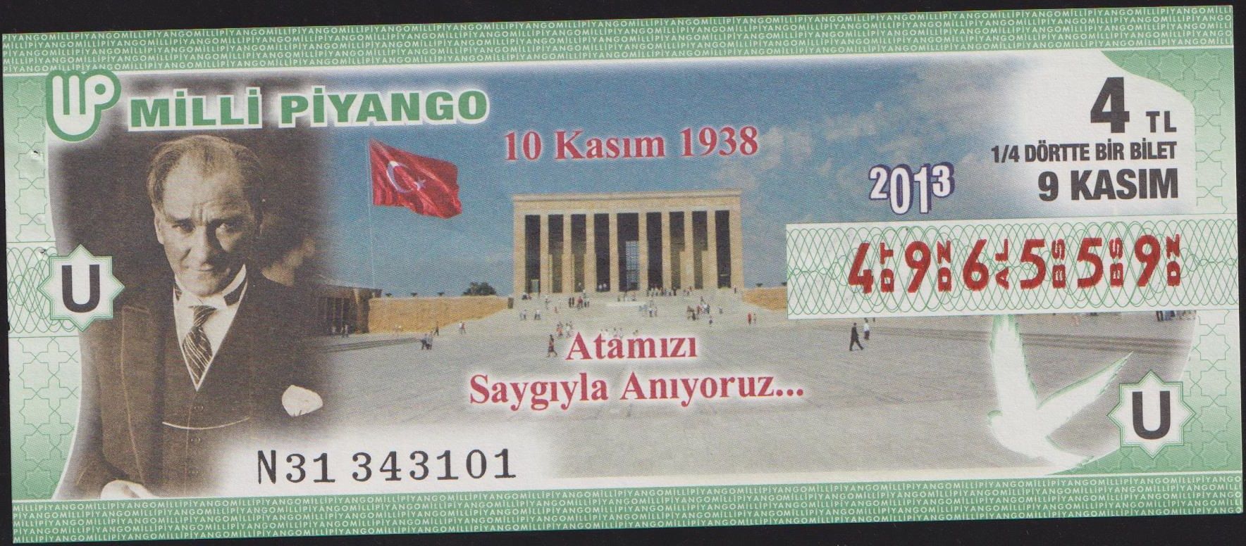 2013 9 Kasım Çeyrek Bilet - U Serisi
