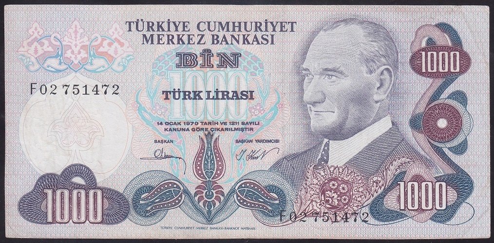 6.EMİSYON 3.TERTİP 1000 LİRA F02 751472 ÇOK TEMİZ