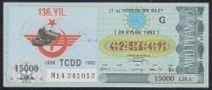 1992 29 EYLÜL ÇEYREK BİLET G SERİSİ