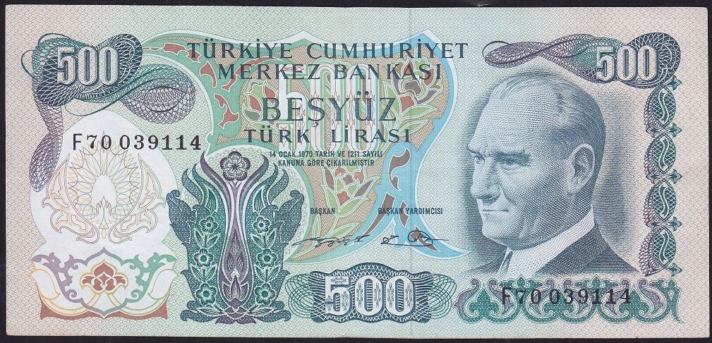 6.Emisyon 2.Tertip 500 Lira F70 039114 Çok Temiz ( Düzeltme Var )