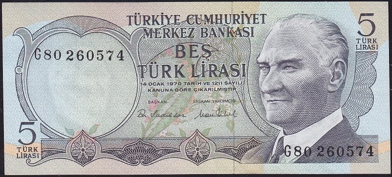 6.Emisyon 2.Tertip 5 Lira G80 260574 Ççt Çilaltı