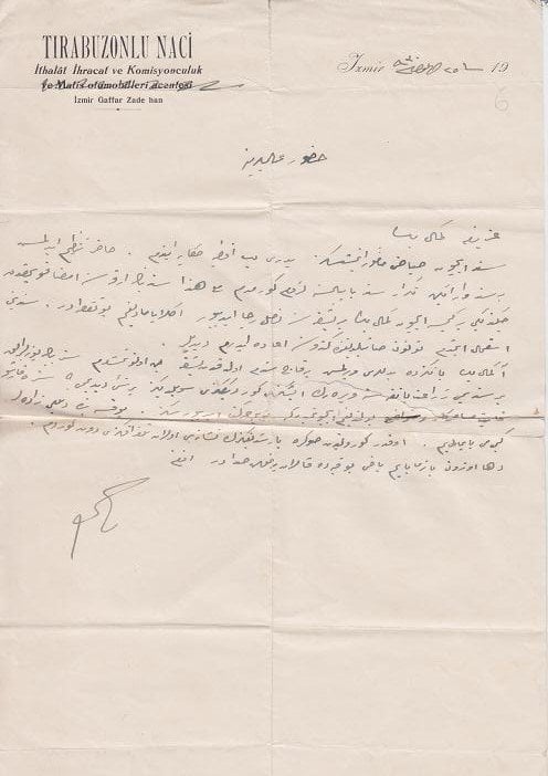 TIRABUZONLU NACİ ANTETLİ OSMANLICA YAZILI EVRAK