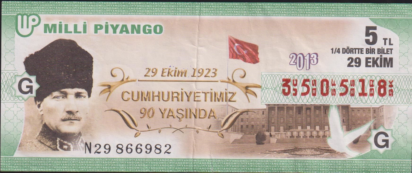 2013 29 Ekim Çeyrek Bilet - G Serisi