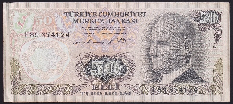 6.EMİSYON 1.TERTİP 50 LİRA F89 374124 ÇOK TEMİZ + eski kağıt para fiyatları