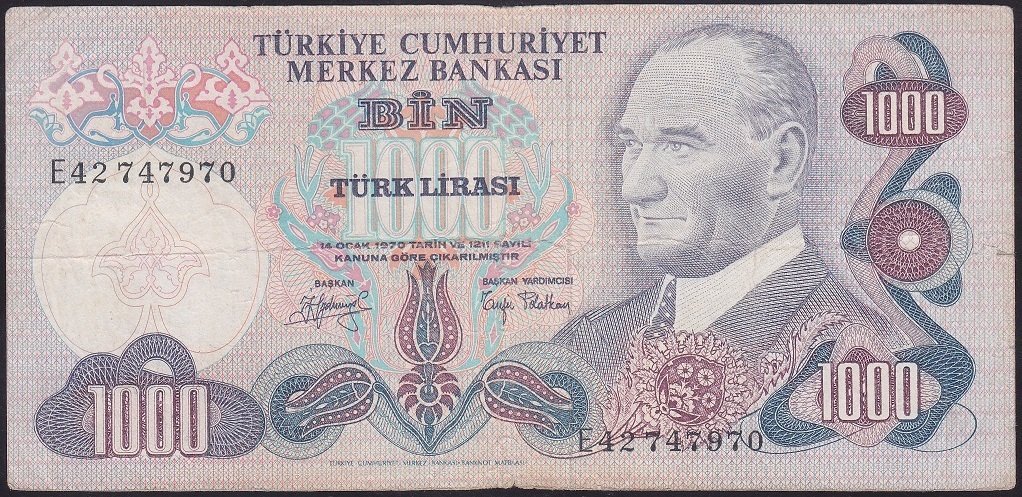 6.EMİSYON 2.TERTİP 1000 LİRA E42 747970 TEMİZ