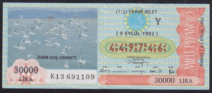 1992 9 EYLÜL YARIM BİLET Y SERİSİ