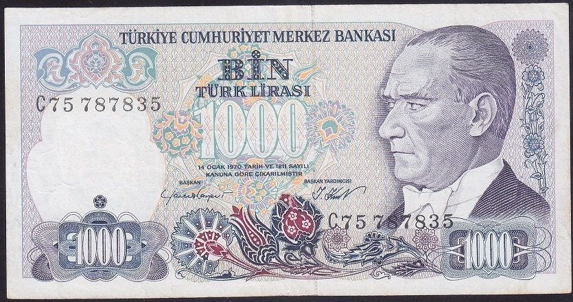 7.EMİSYON 1.TERTİP 1000 LİRA C75 787835 ÇOK TEMİZ
