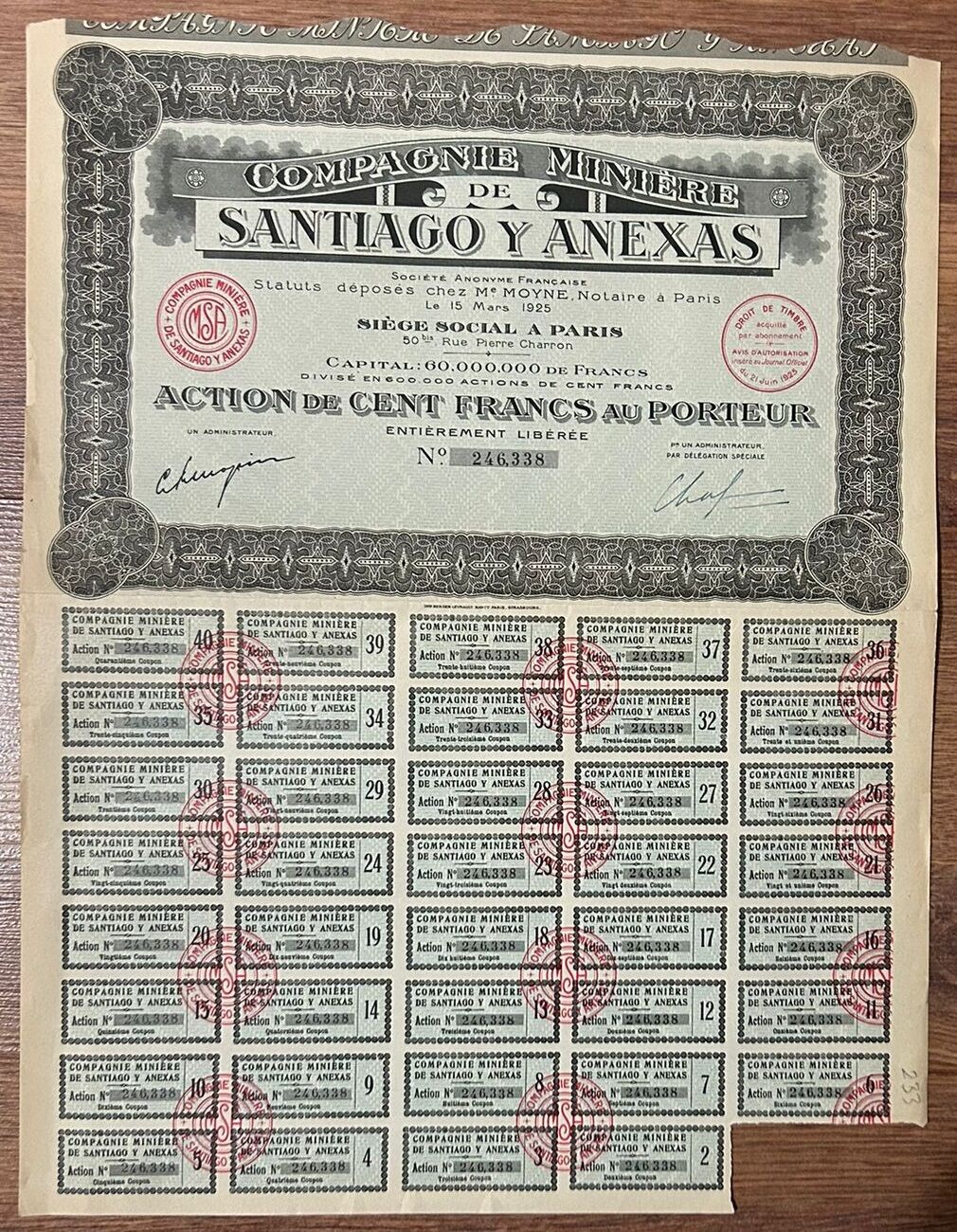 Hisse Senedi - SANTİAGO Y ANEXAS 1925 ( 42 X 32 cm )