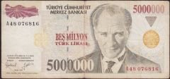 7.Emisyon 5 000 000 Lira A48 076816 Temiz