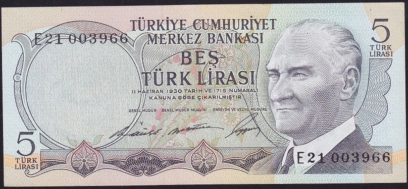6.Emisyon 1.Tertip 5 Lira E21 003966 Ççt Çilaltı