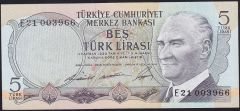 6.Emisyon 1.Tertip 5 Lira E21 003966 Ççt Çilaltı