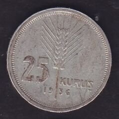 1936 Yılı 25 Kuruş Gümüş